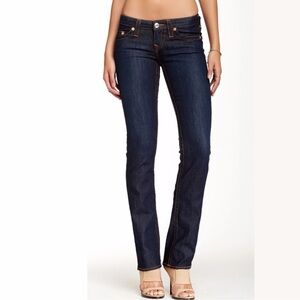 $189 TRUE RELIGION STRAIGHT RED-ORANGE Stitch STRETCH JEANS BLUE LONESTAR Sz 28